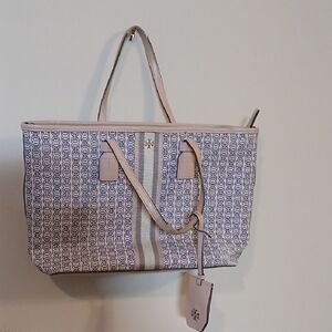 Tory Burch Patterned Blue and Cream Tote